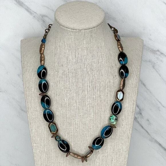 Chico's Bronze Tone Blue and Black Beaded Necklace - Picture 1 of 5